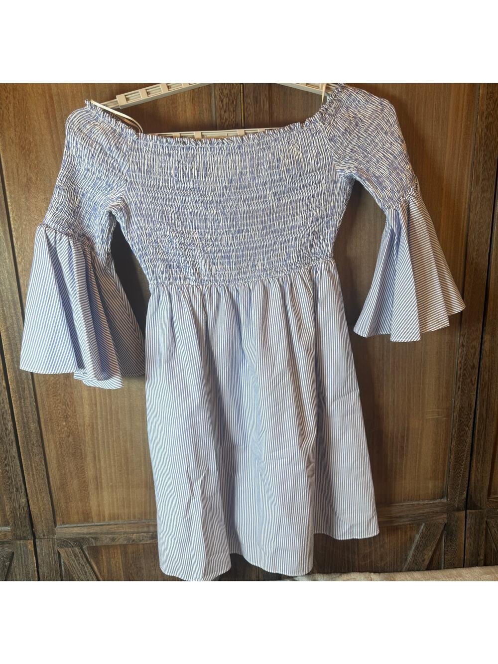 Janni B off shoulder smocked dress blue Bell sleeve Women M
